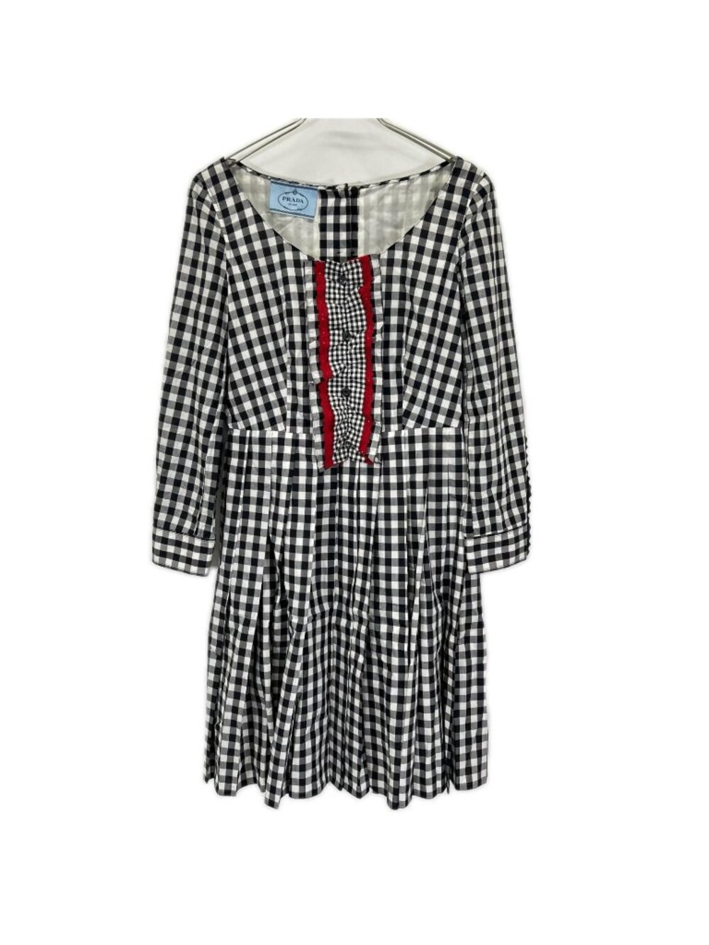 Prada Black White Block Check Ruffle Design Boat Neck Pleated Dress